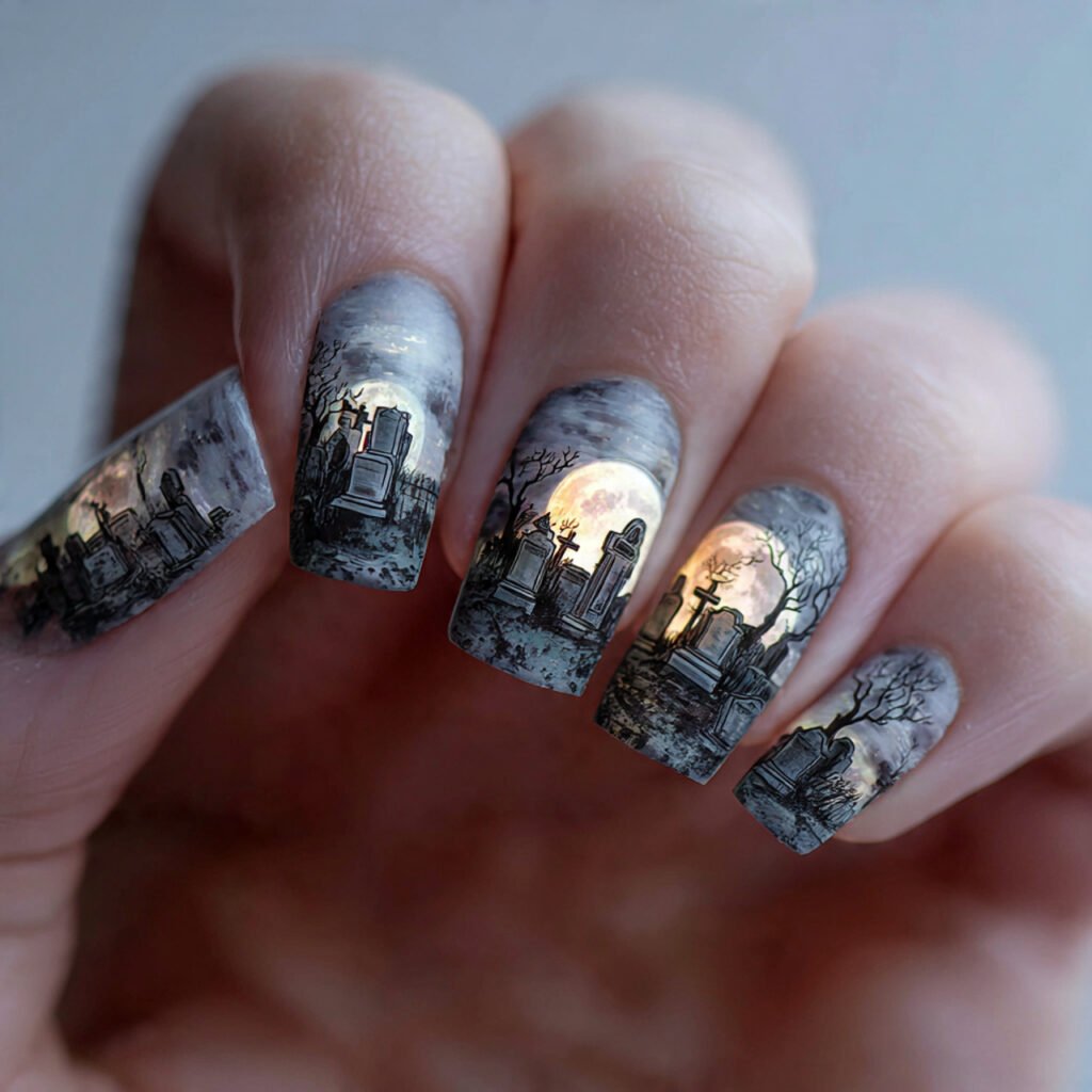 30 Best Halloween Nail Ideas for Every Vibe and Skill Level 24 Graveyard Scene Nail Art