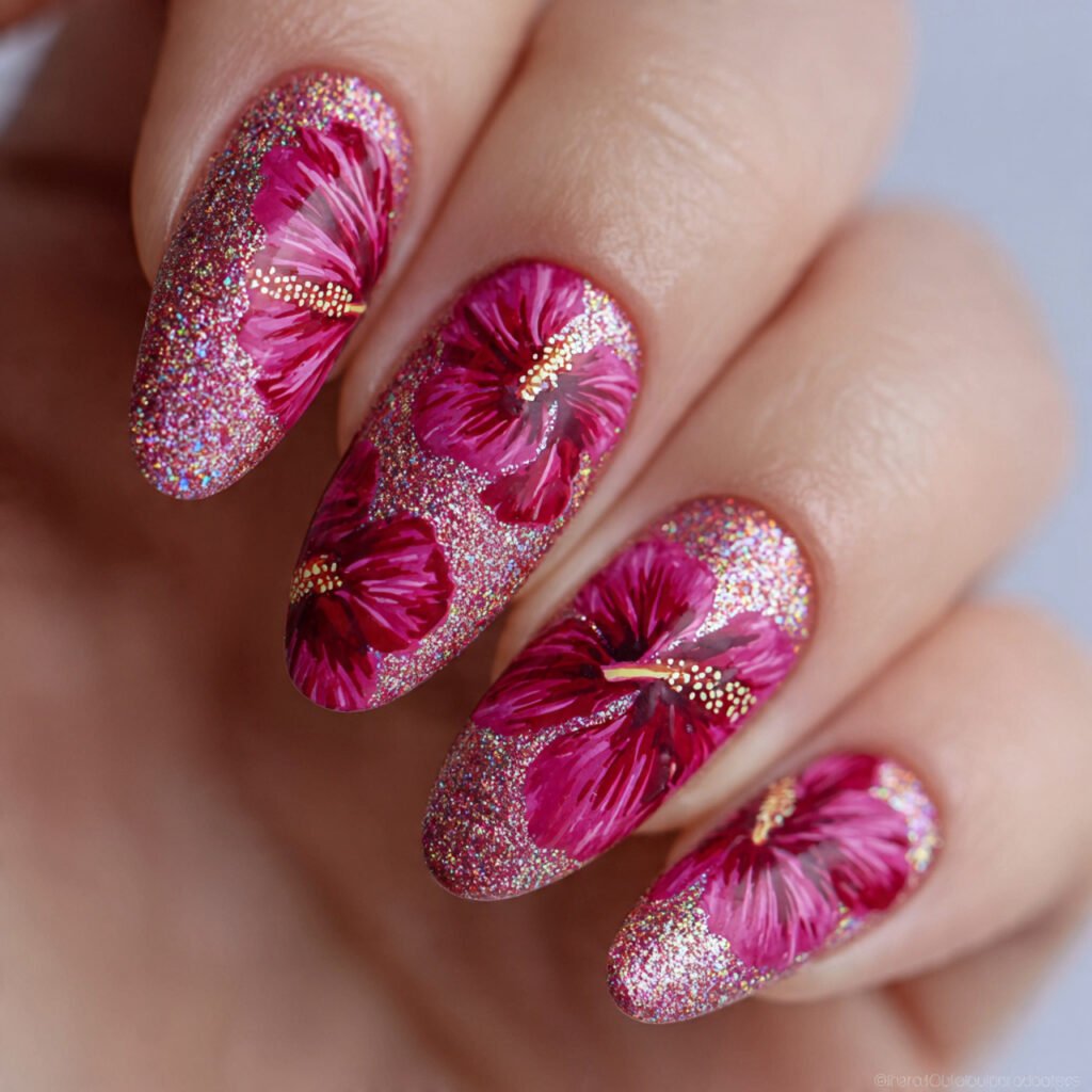 Hibiscus Glitter Nail Ideas