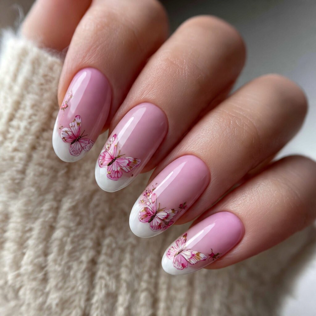 23 pink french tip nails with butterflies tiny de 3