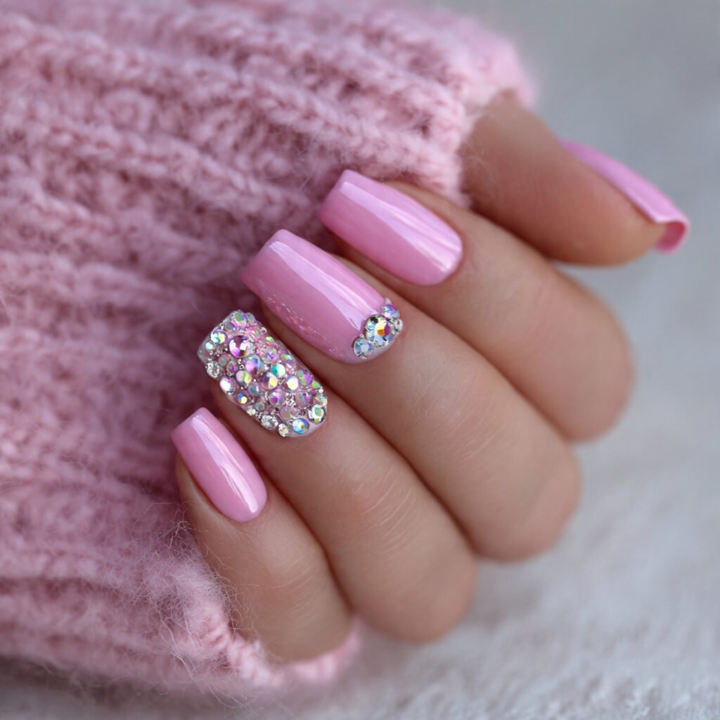 Pink Gem and Rhinestone Nails