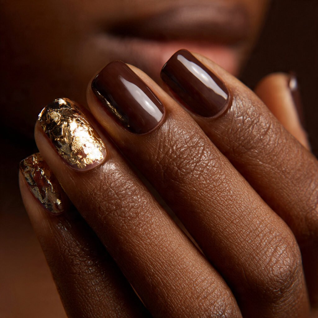 25 Best Brown Nail Ideas That Are Totally Trending Right Now 21 Brown Foil Accent Nail Ideas