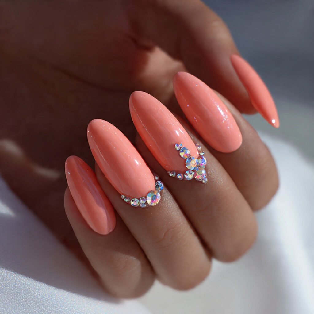 Peach Coral Rhinestone Nail Ideas