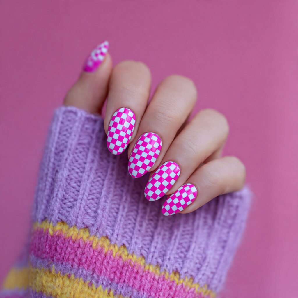Pink Checkerboard Nail Art