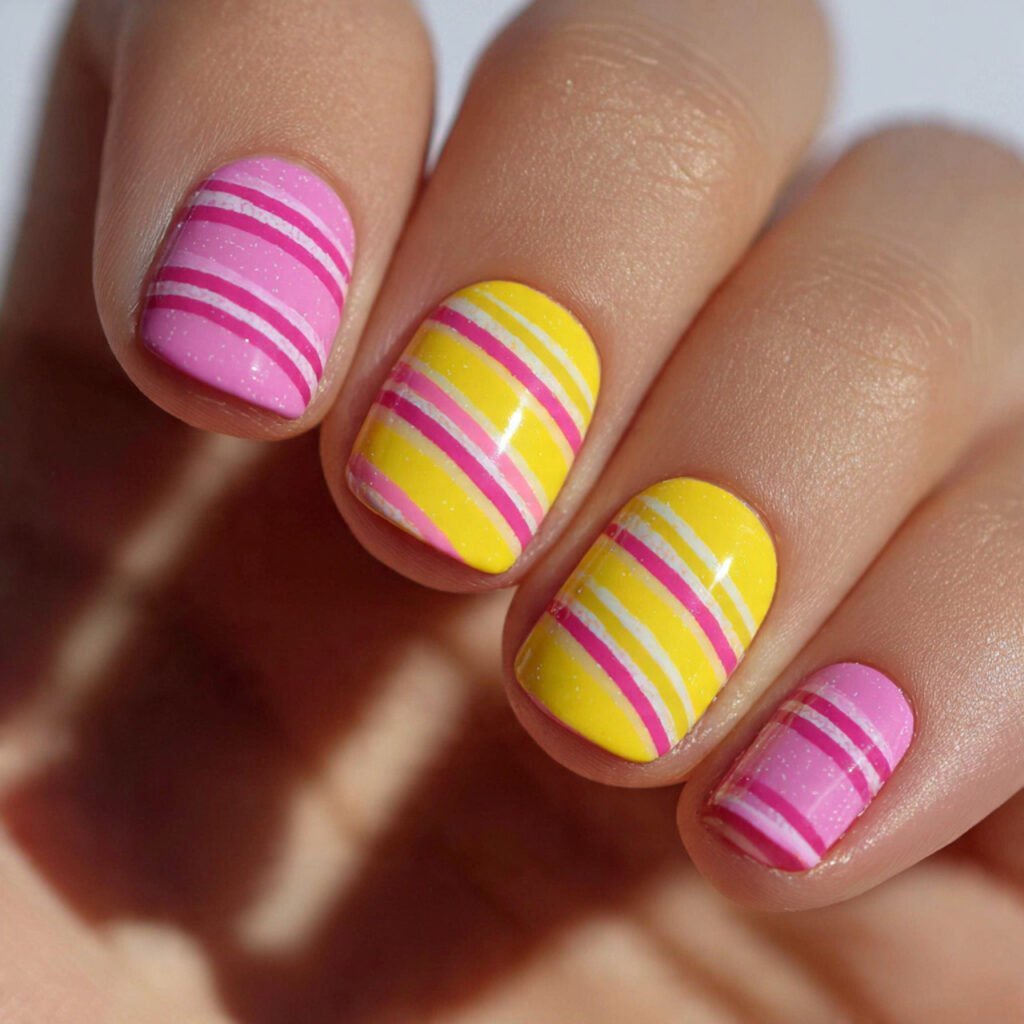 Pink and Yellow Striped Nail Ideas