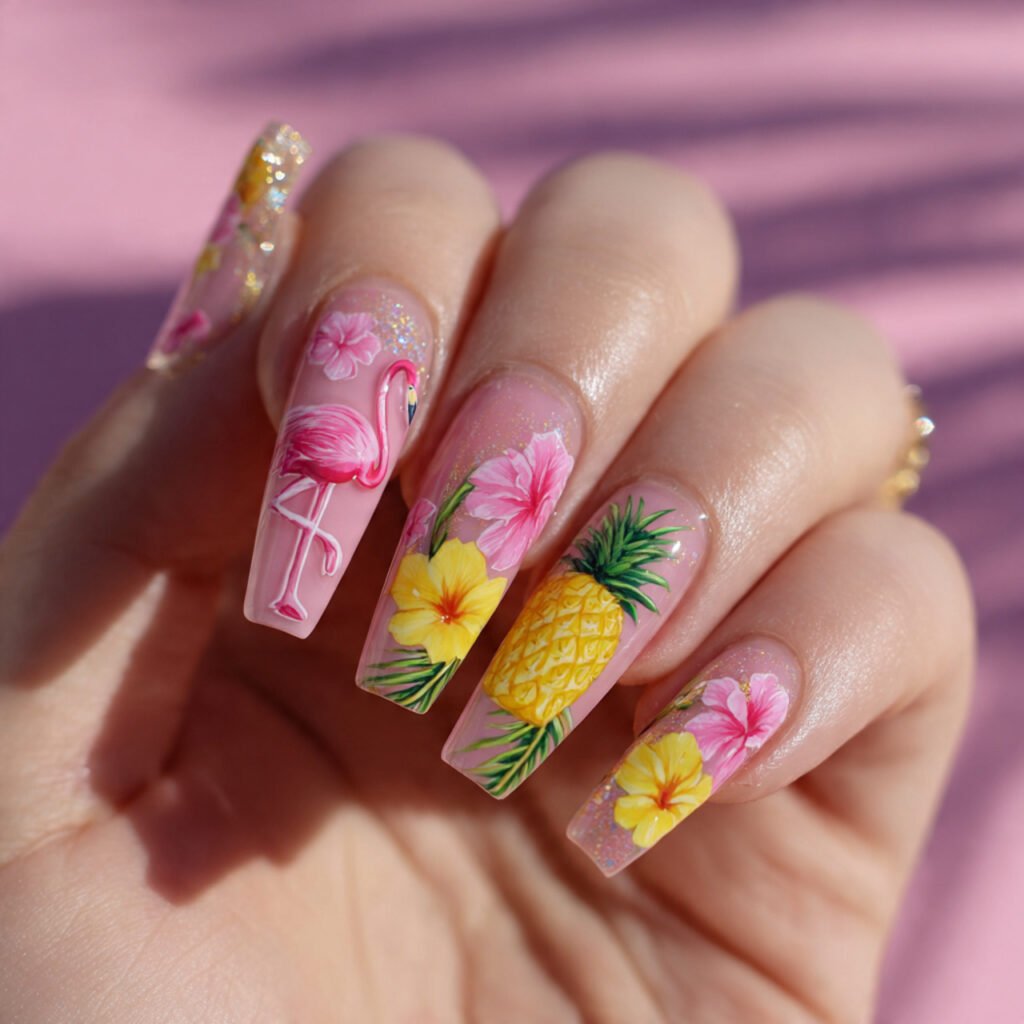 Pink and Yellow Tropical Nail Ideas
