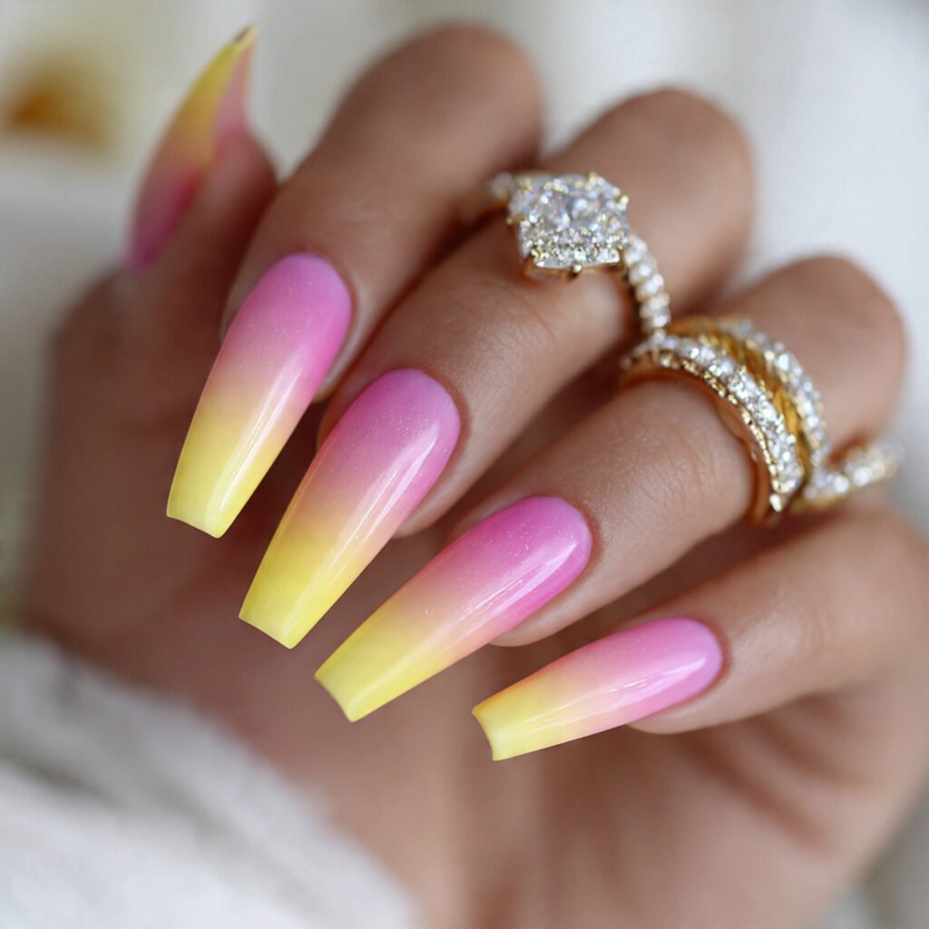 Pink and Yellow Ombre Coffin Nail Ideas