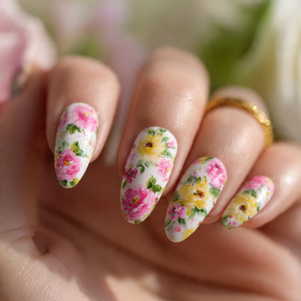 Pink and Yellow Floral Nail Ideas
