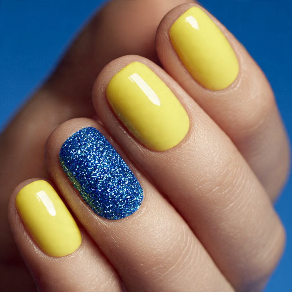 Lemon and Blue Glitter Nail Ideas