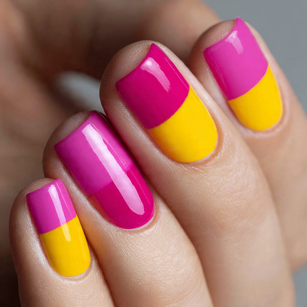 Bold Pink and Yellow Color Block Nail Ideas