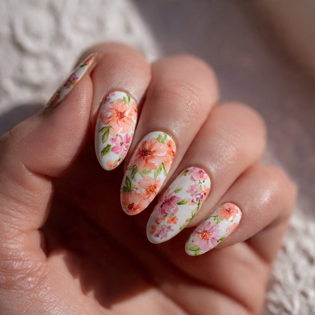 Peach Coral Floral Nail Ideas