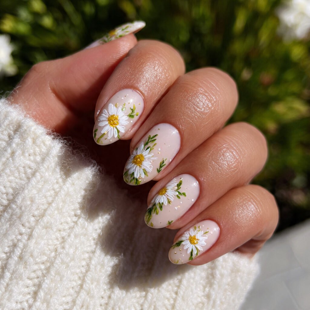 White Daisy Almond Nail Ideas