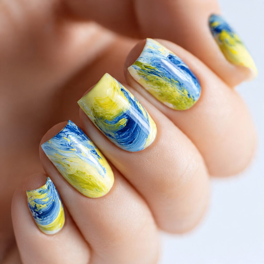 Lemon and Blue Abstract Nail Ideas