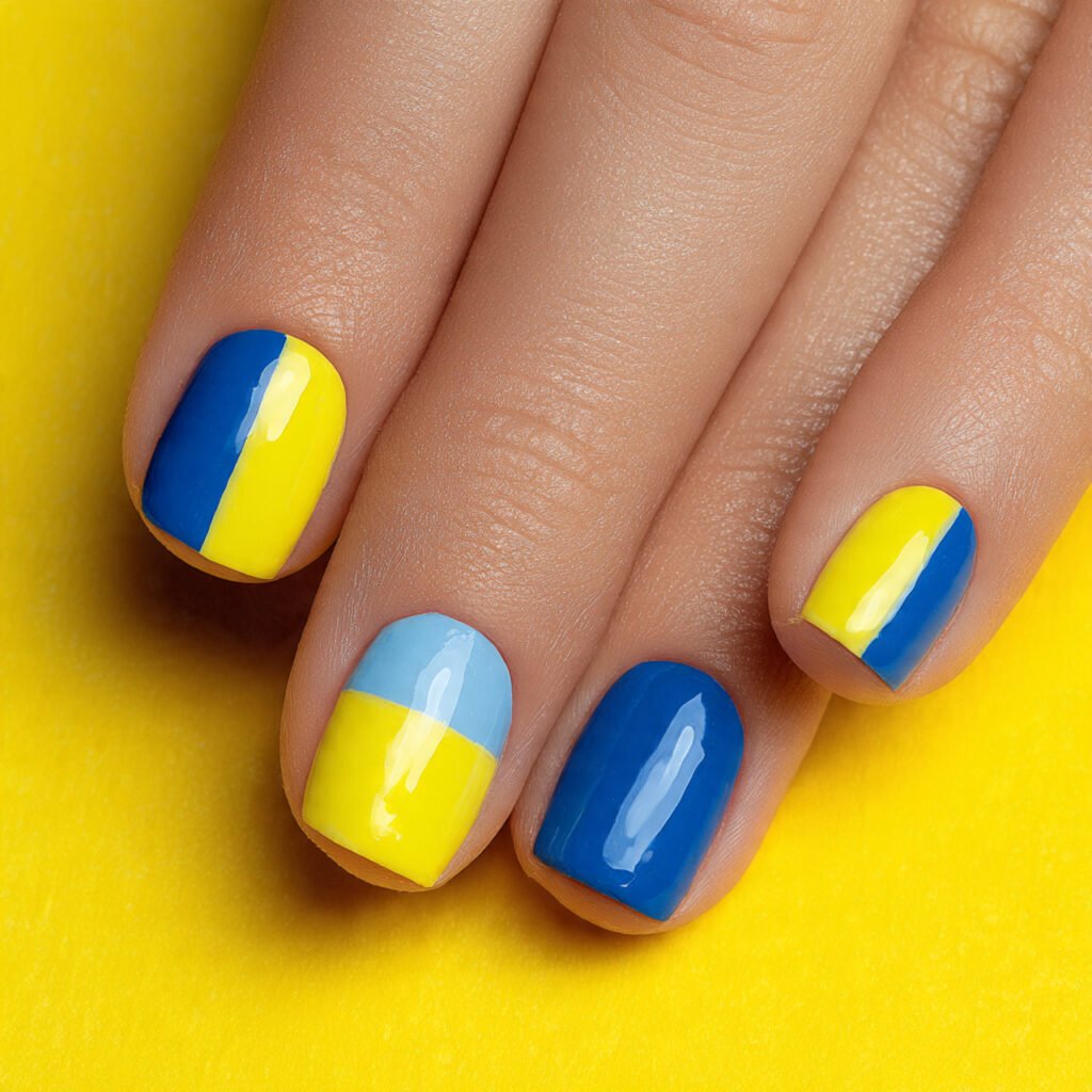 Lemon and Blue Color Block Nail Ideas
