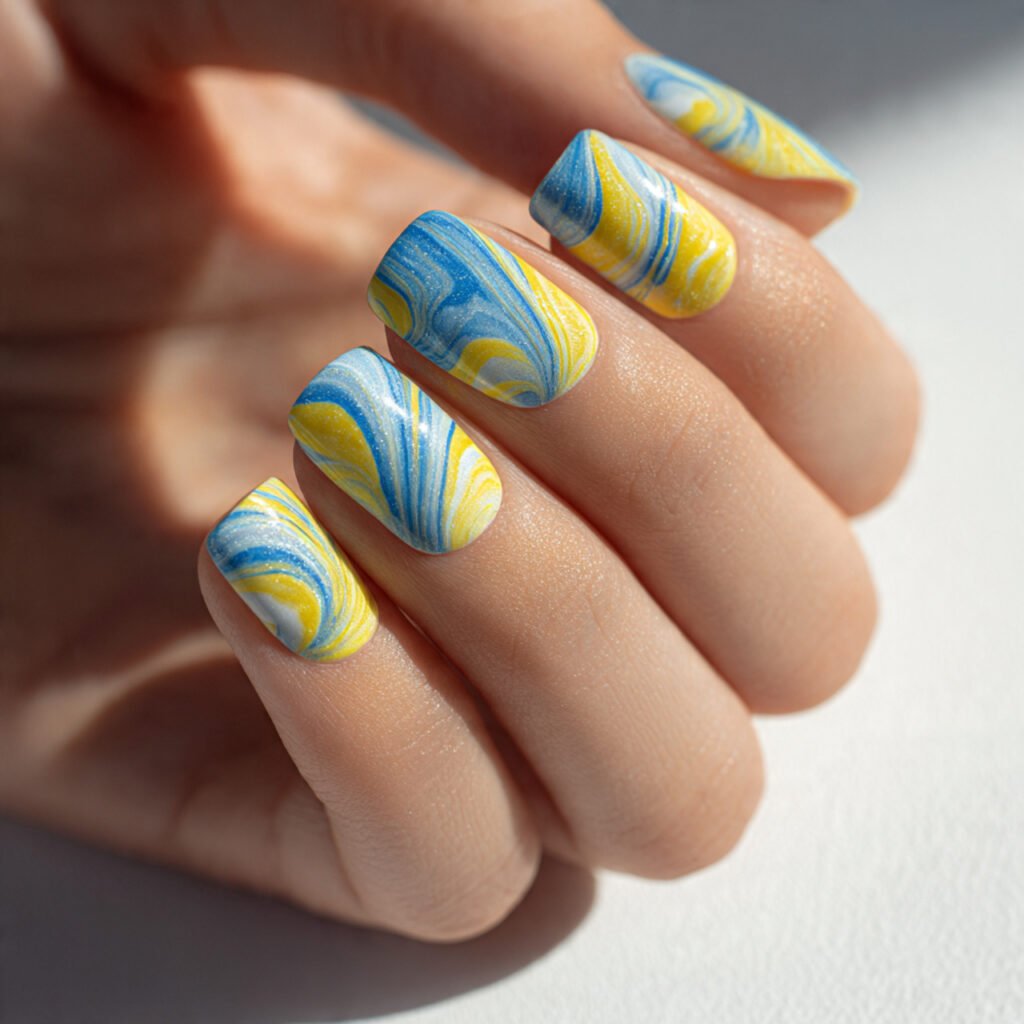 Lemon and Blue Swirl Nail Ideas