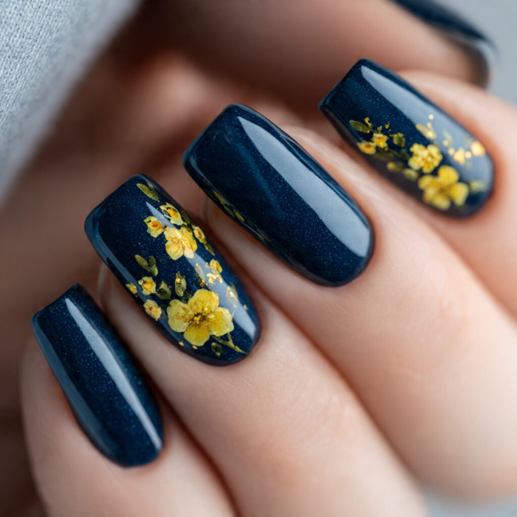 Lemon Floral on Blue Nail Ideas