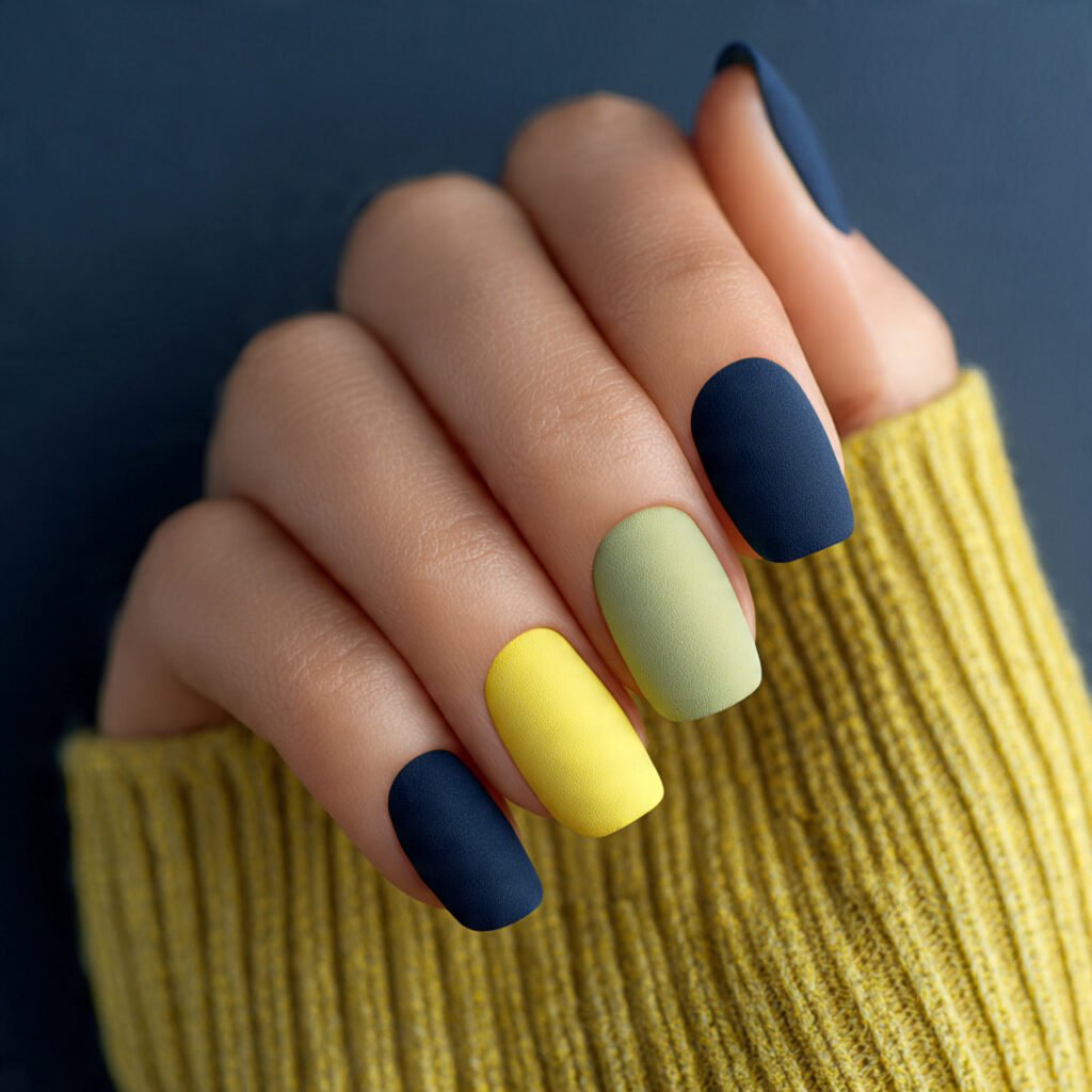 Matte Lemon and Blue Nail Ideas