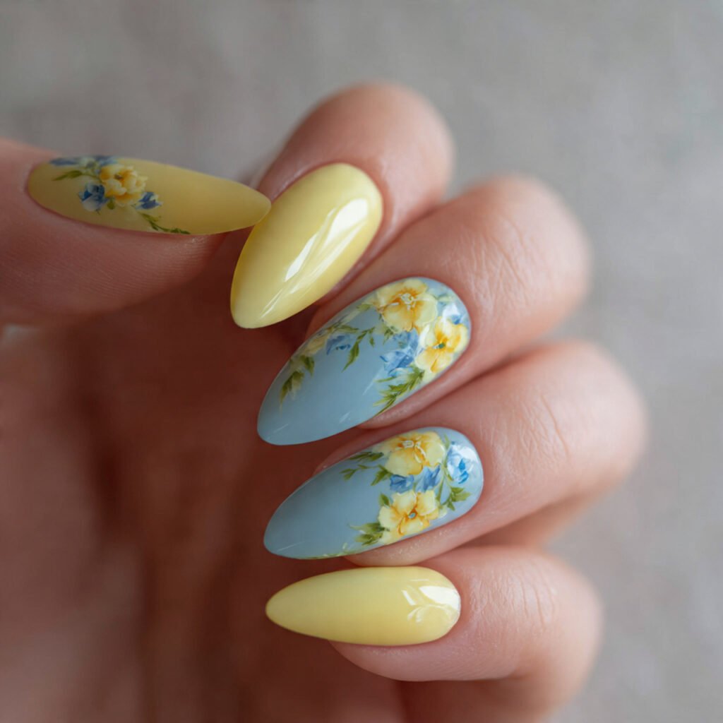 Lemon and Blue Almond Nail Ideas