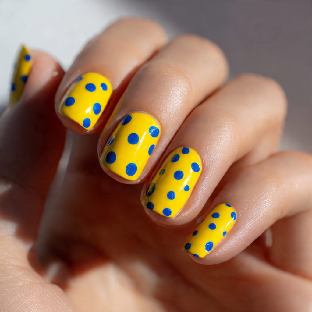 Lemon and Blue Polka Dot Nail Ideas