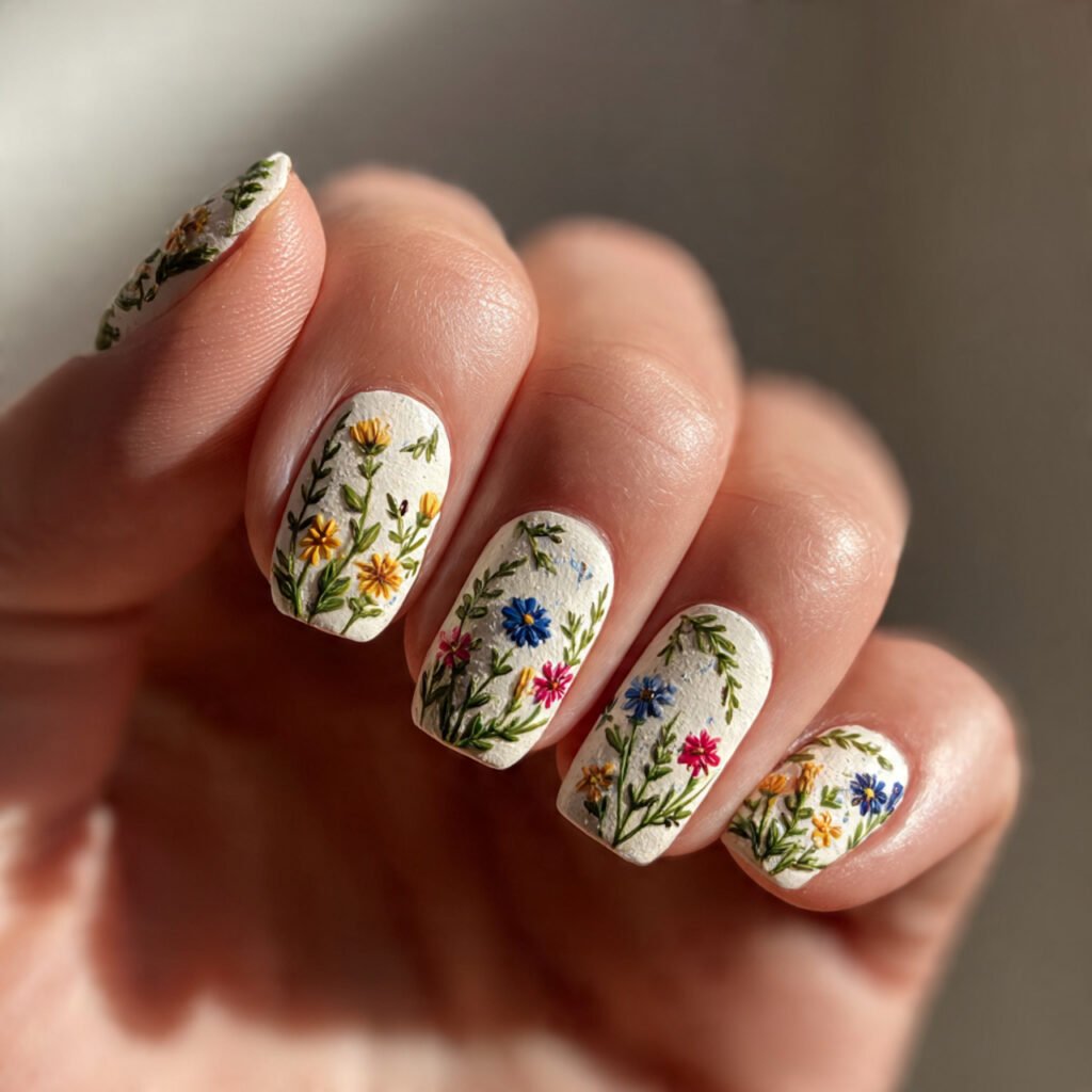 Floral and Green Leaf Nail Ideas