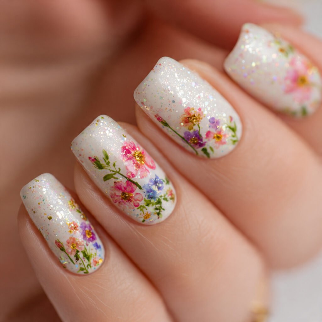 Floral Glitter Nail Ideas