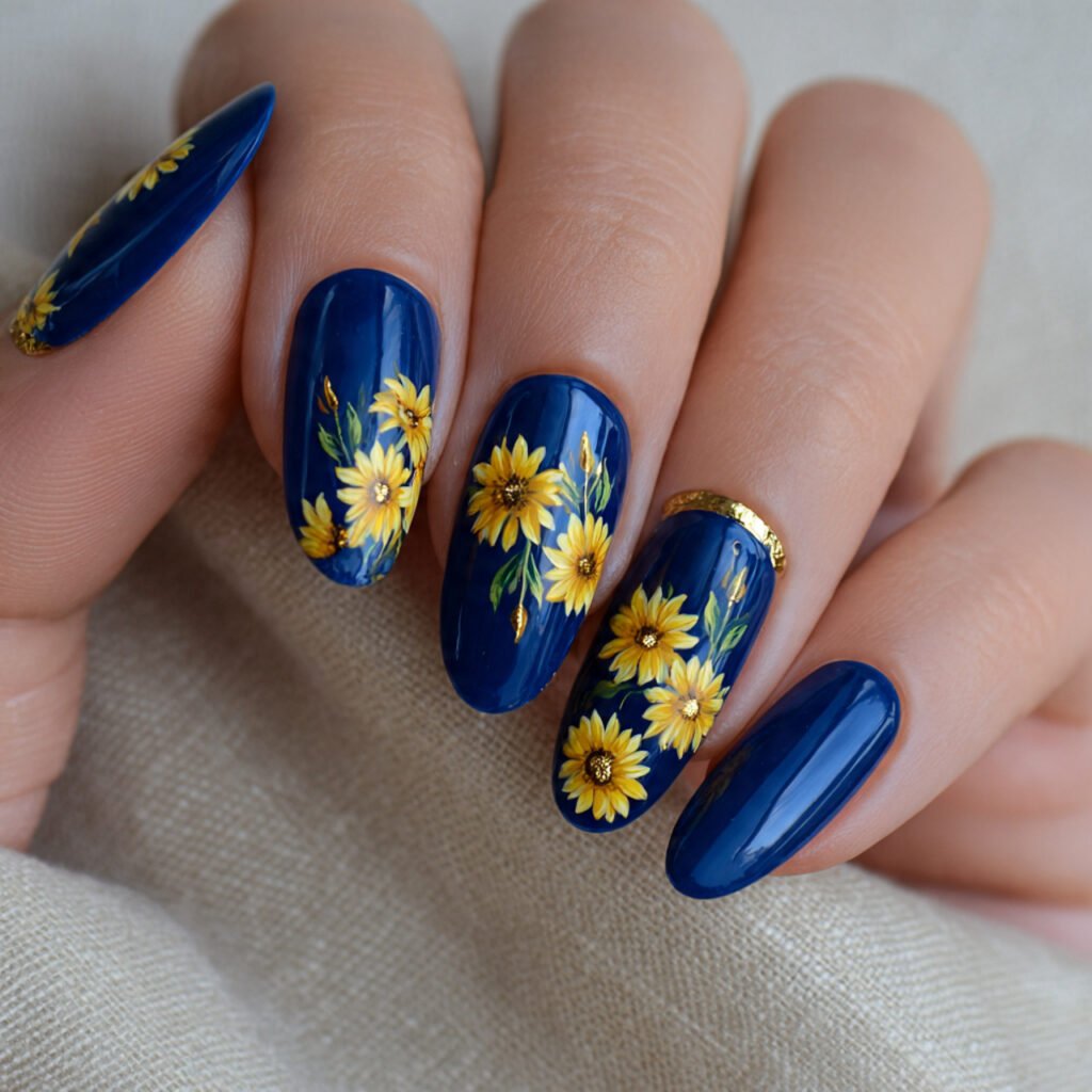 Sunflower and Blue Nail Ideas