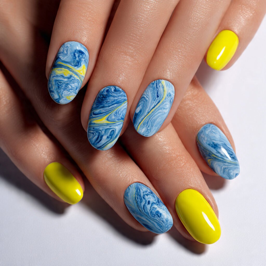 Blue Marble with Lemon Accent Nail Ideas