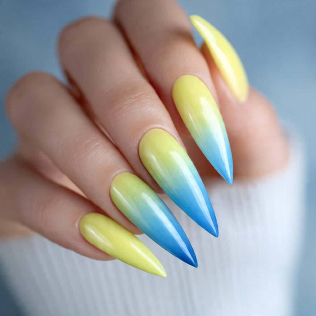 Long Lemon and Blue Stiletto Nail Ideas