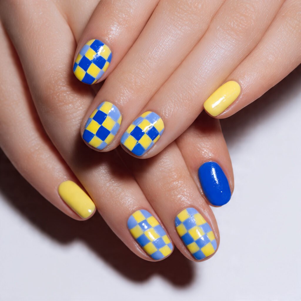 Checkered Lemon and Blue Nail Ideas