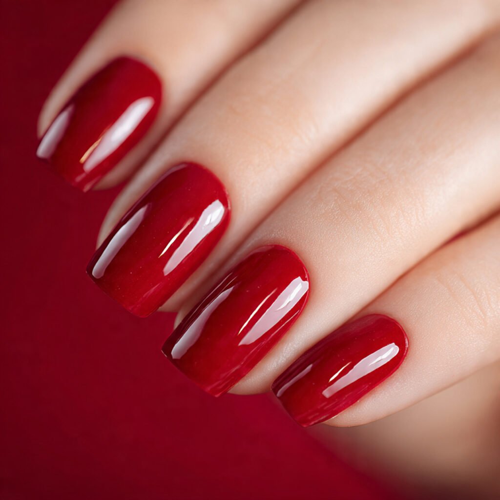 11 macro photograph of glossy strawberry red nails