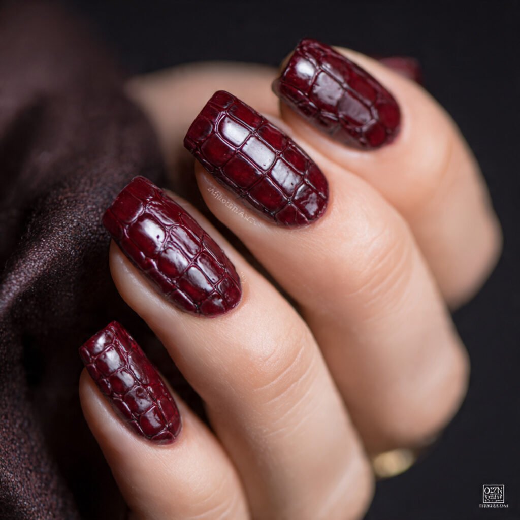15 square nail art close up dark red crocodile ski