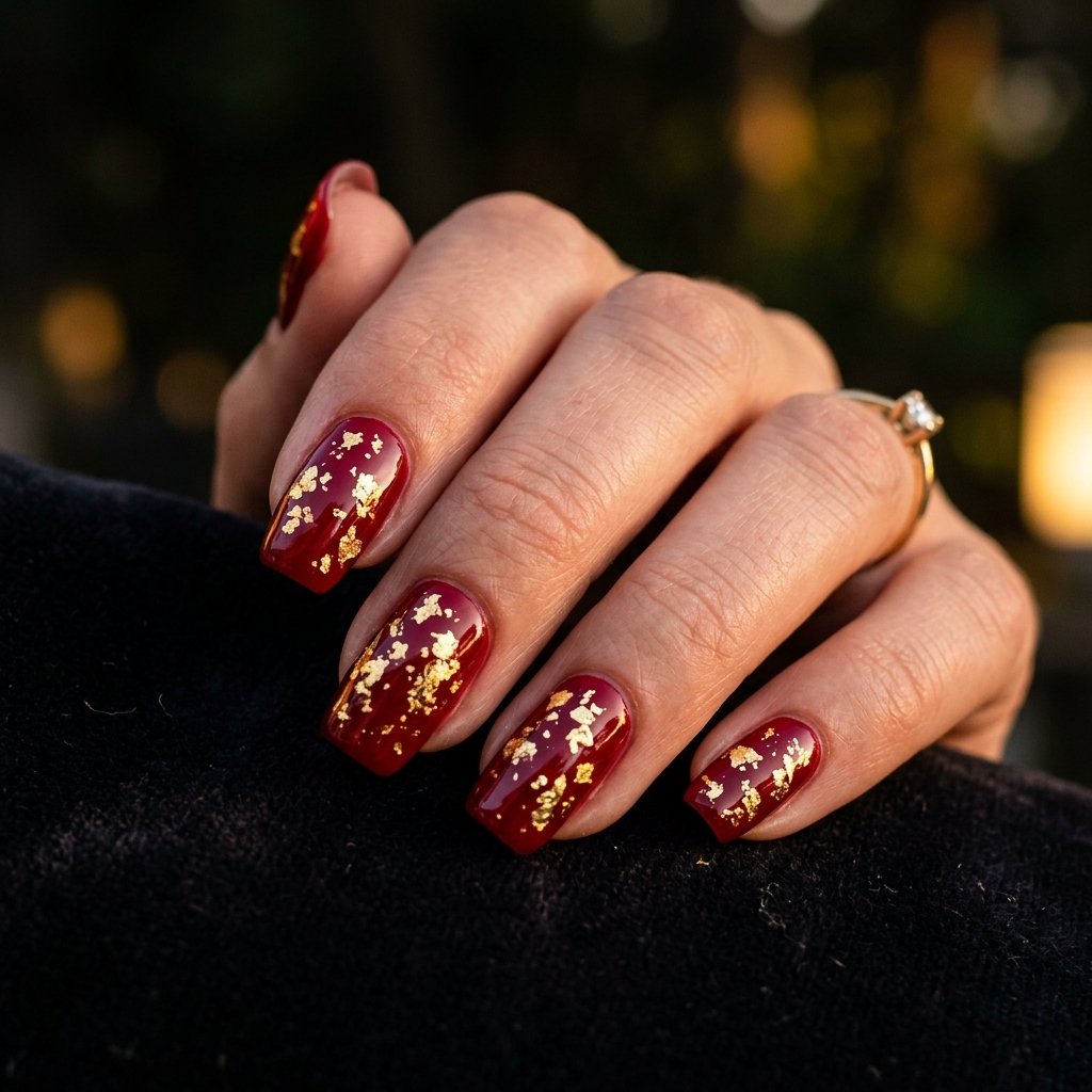 Red and Gold Foil Summer Nails