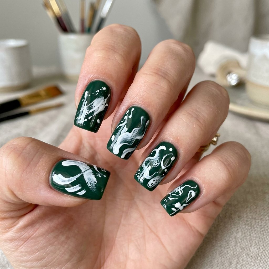 Green and White Abstract Nail Ideas