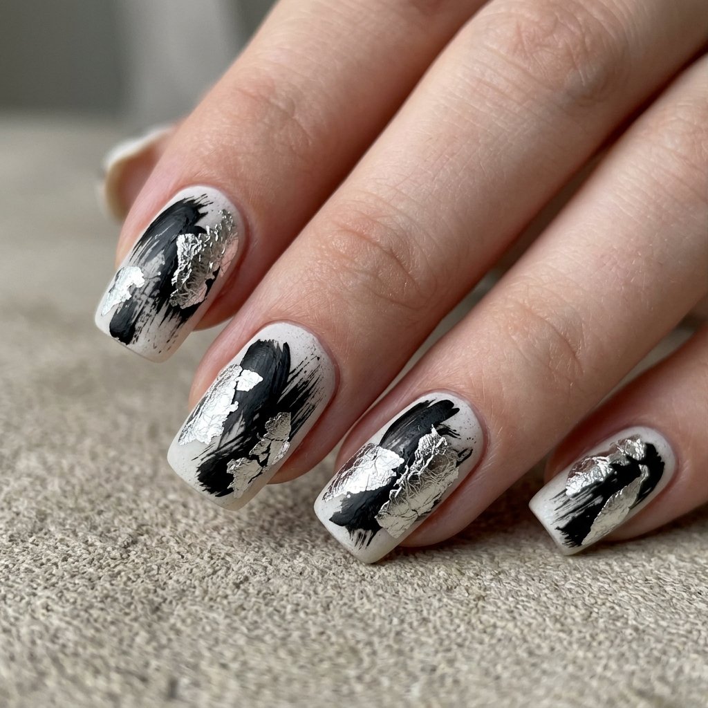 Abstract Black Brushstrokes with Silver Foil