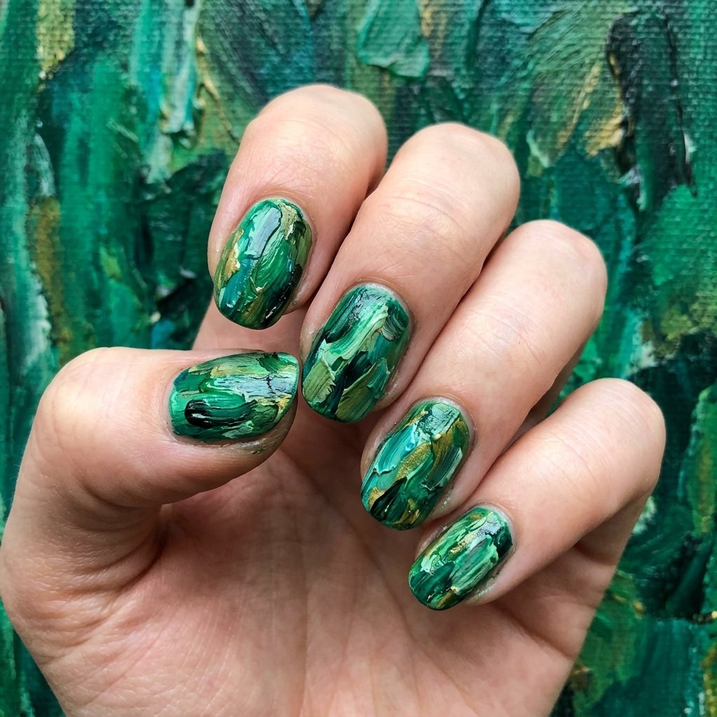 35 Stunning Forest Green Nails Ideas for a Chic Look 2026 21 Abstract Brushstroke Style