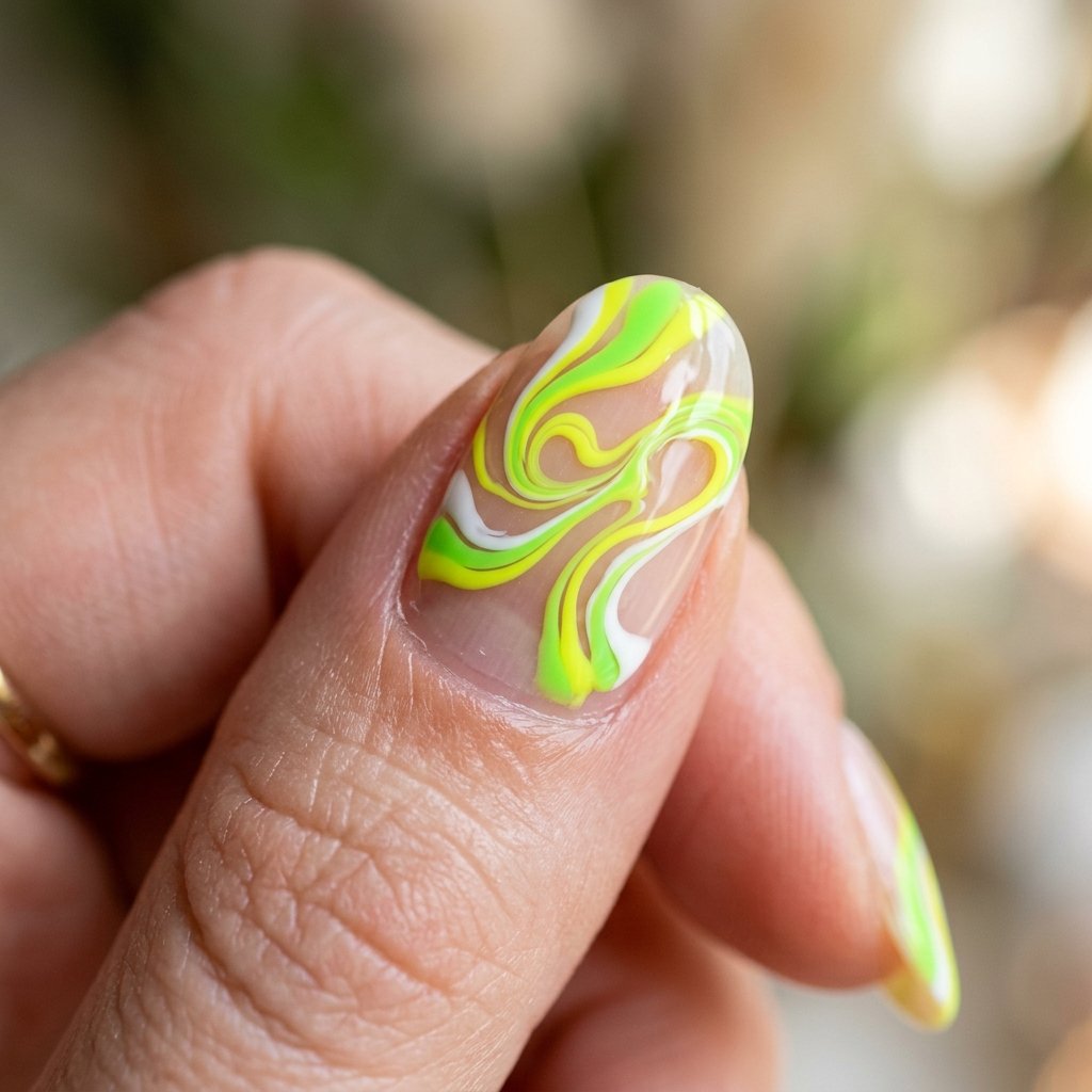 35 Fresh neon yellow nails Ideas for Your Summer Wardrobe 5 Abstract Lime Swirls Idea