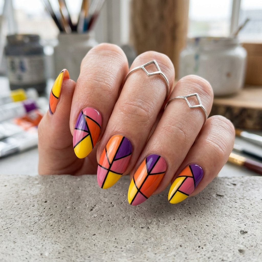 Abstract Geometric Sunset Nails