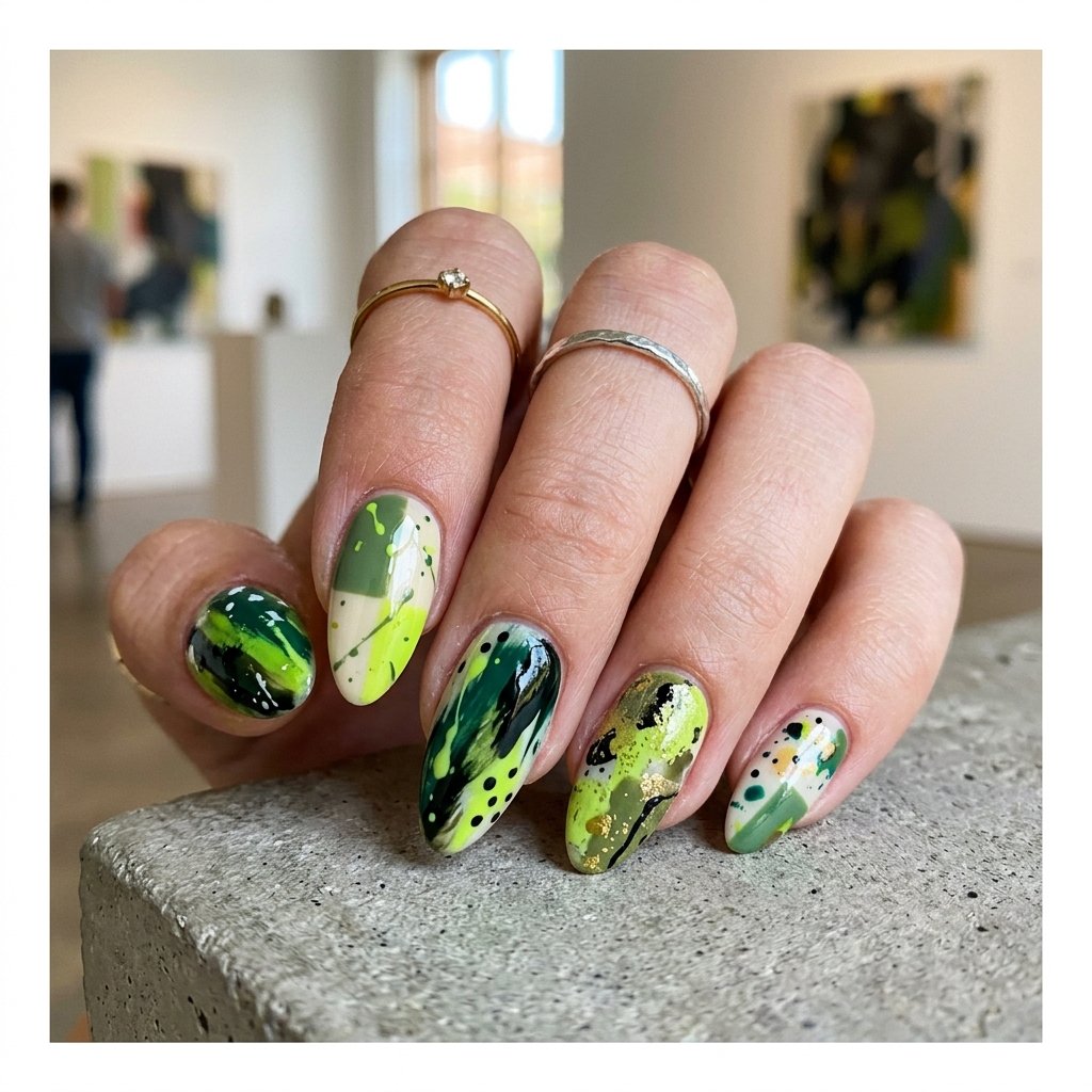 35 Fresh Green Almond Nails Ideas: Chic Trends to Love 25 Abstract Green Almond Nails