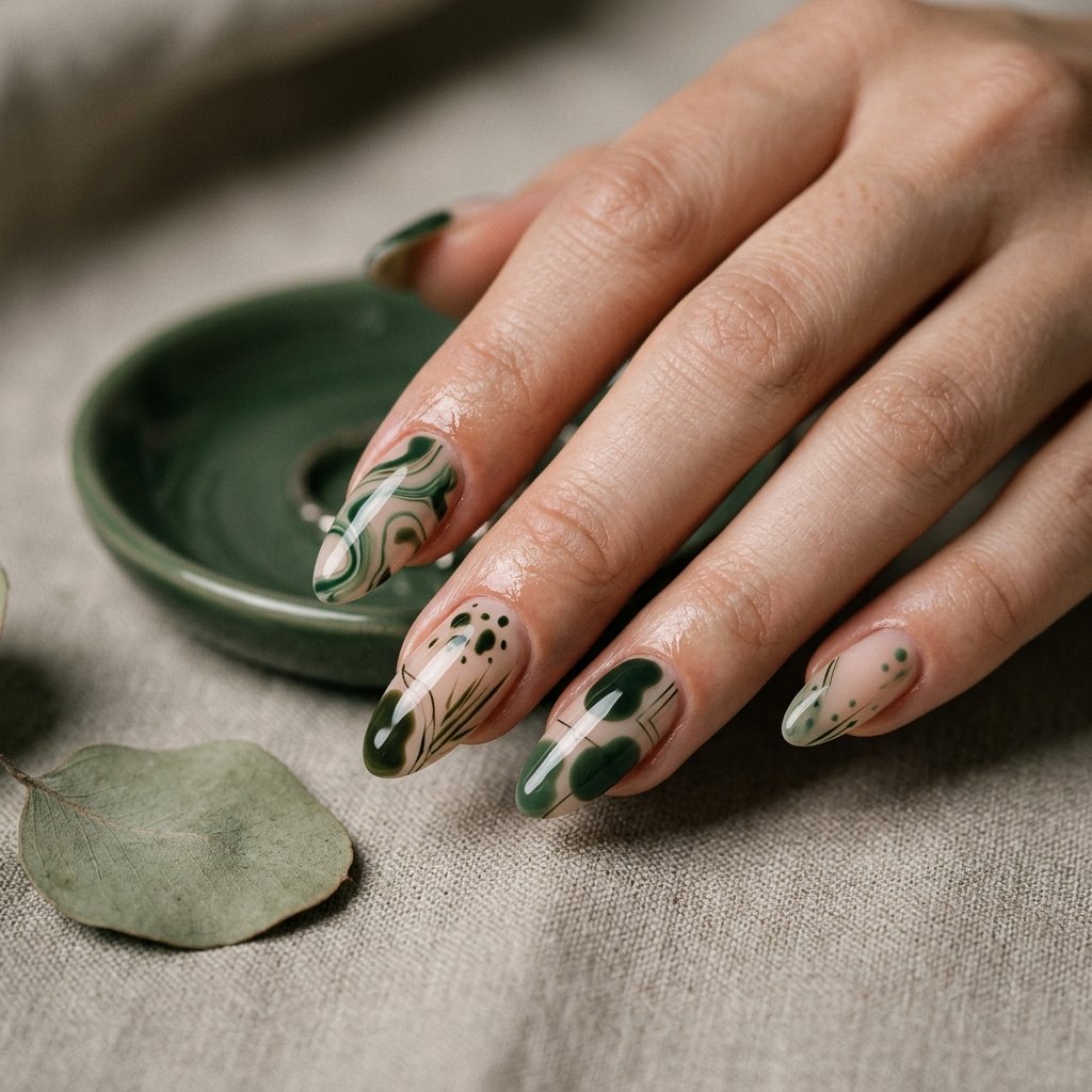 35 Best Green Fall Nails Ideas for Modern Autumn Style 17 Abstract Masterpiece