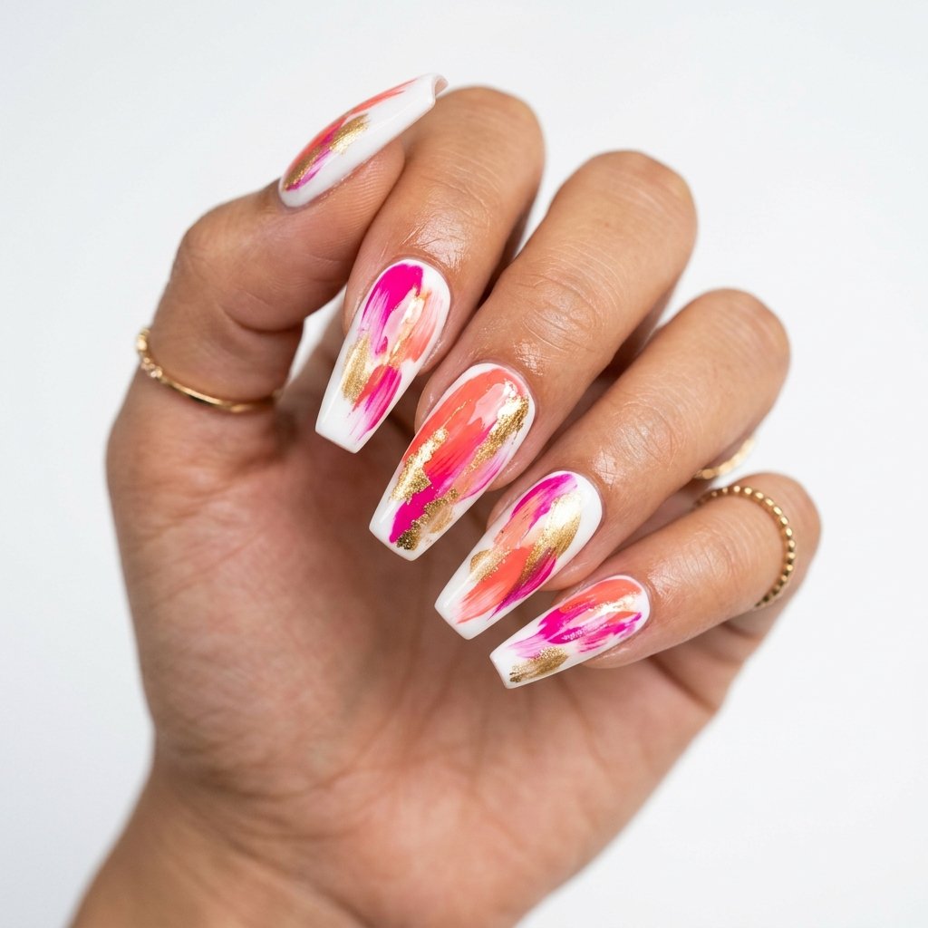 Bright Summer Acrylic Nails with Abstract Art