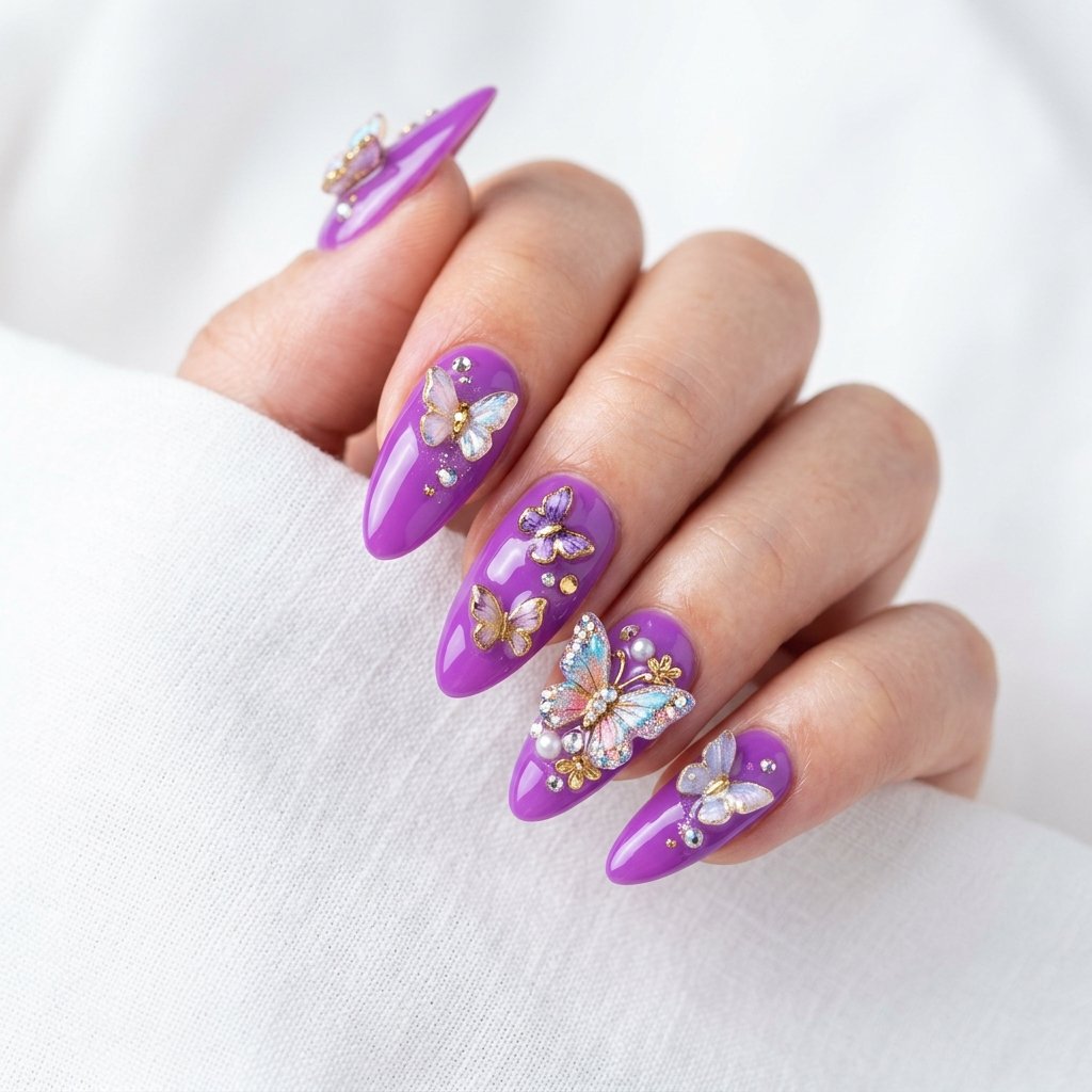 Bright Summer Acrylic Nails with Butterflies
