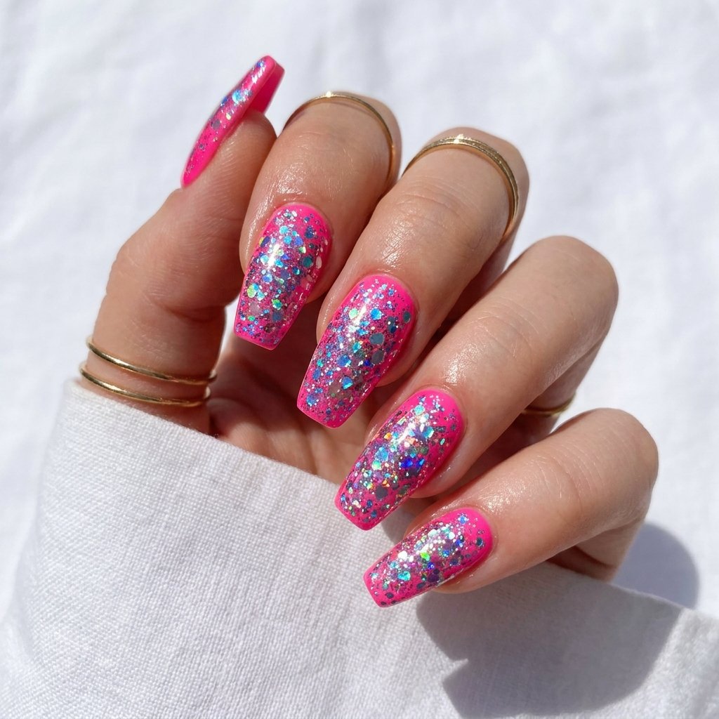 Bright Summer Acrylic Nails with Glitter