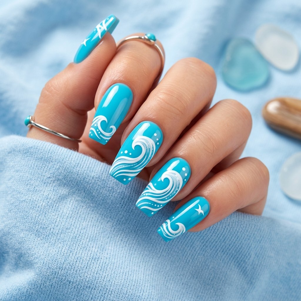 Bright Summer Acrylic Nails with Waves