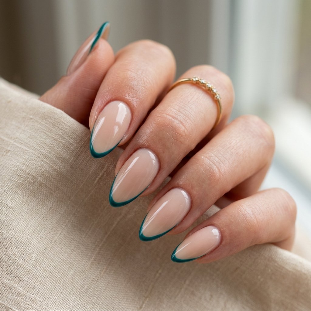 Delicate Teal Lines on Soft Almond Silhouettes