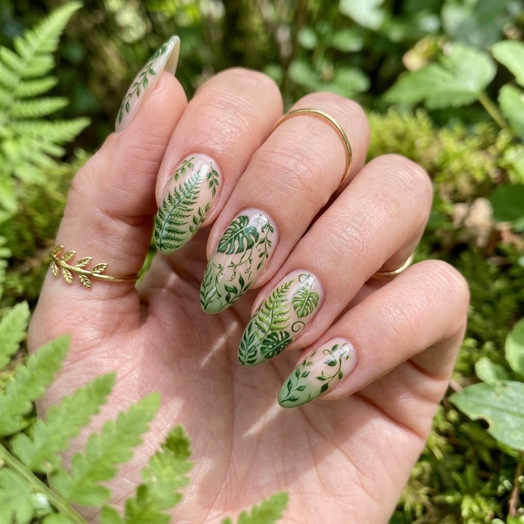 35 Fresh Green Almond Nails Ideas: Chic Trends to Love 33 Botanical Green Almond Nails