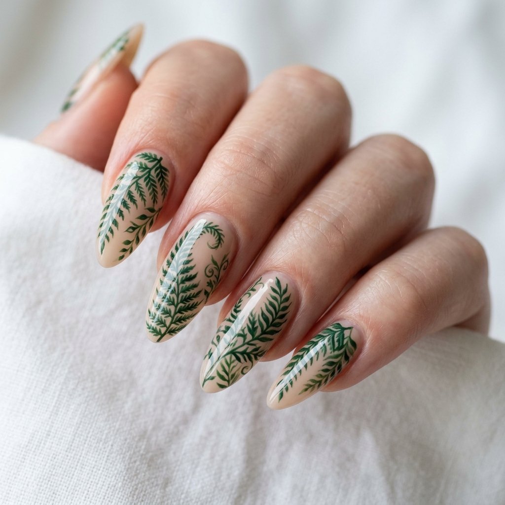 35 Best Green Summer Nails for a Bold Warm Season 2026 33 Fern Print Nail Design