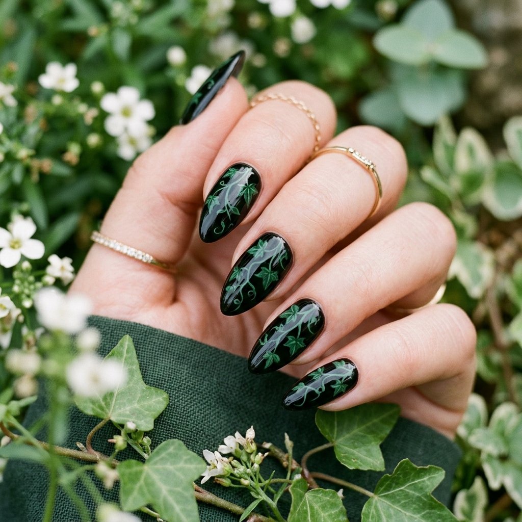 35 Black and Green Nails Ideas: Edgy & Elegant Designs 2026 35 Ivy Leaf Silhouettes over Onyx Black Base Idea
