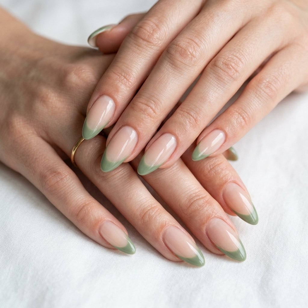 Almond Nail Shape with a Green Tip