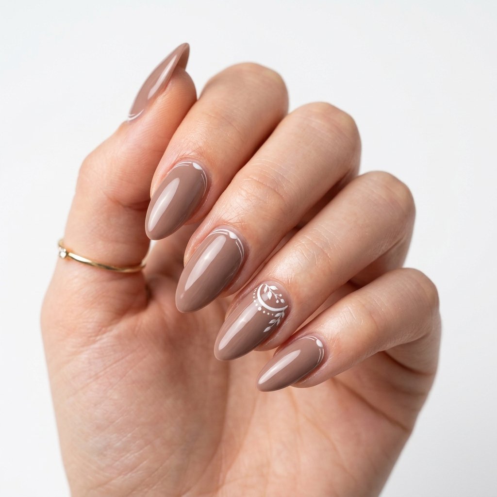 35 Trendy Brown and White Nails Ideas for a Flawless Manicure 2026 9 Soft Brown Almond Nails with White Details