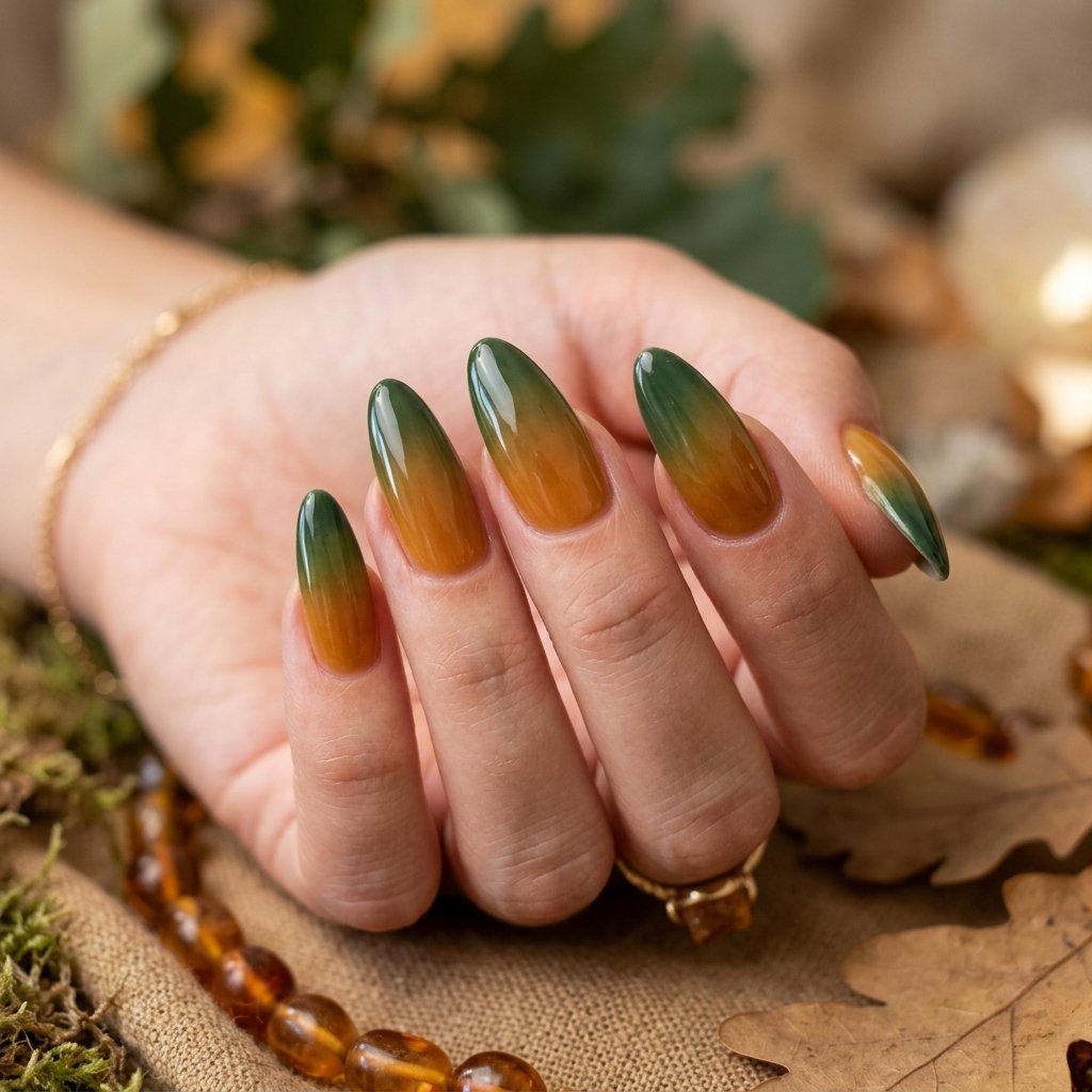 35 Stunning Forest Green Nails Ideas for a Chic Look 2026 15 Amber Gradient Flow