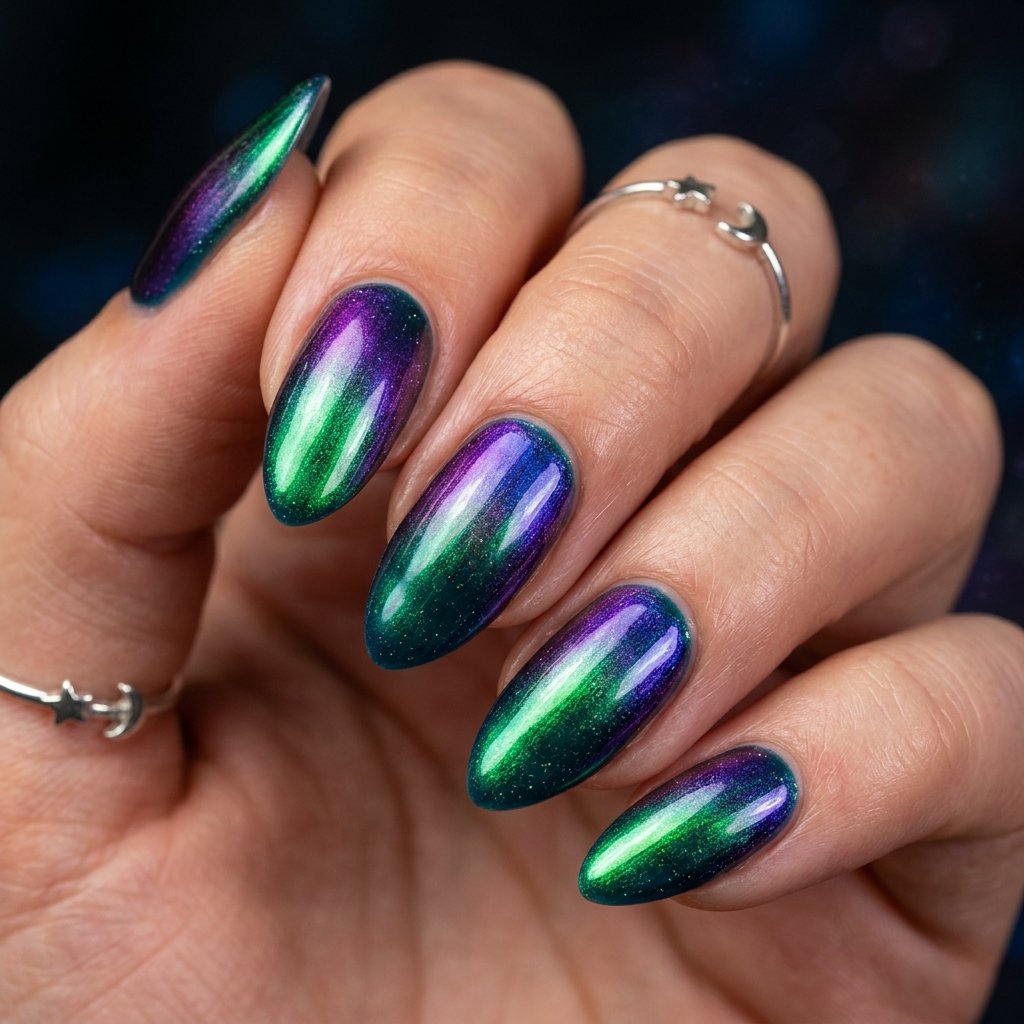 34 Best Dark Teal Nails Ideas: Elegant Colors to Try Now 12 Aurora Borealis Color Shifting Deep Blue Green